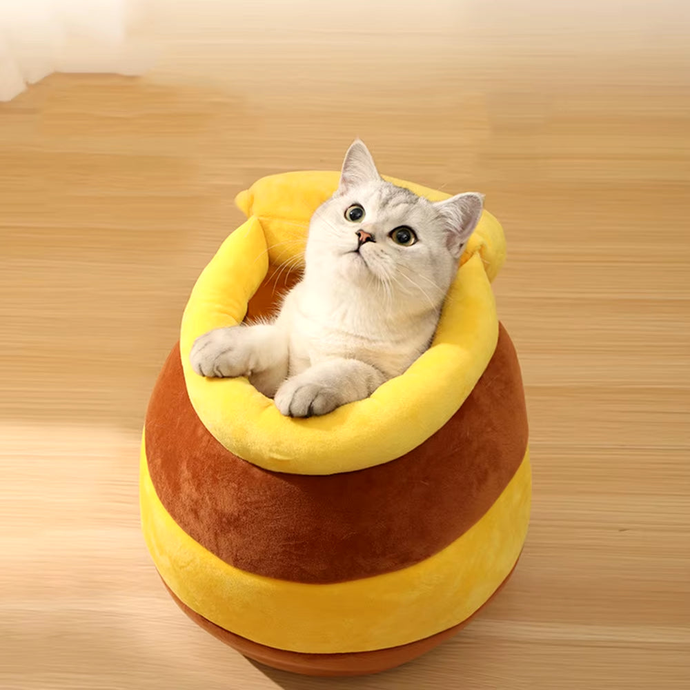 HoneyPaws Knusse Kattenmand – Zachte Pluche Kattenbed in Honingpot Design